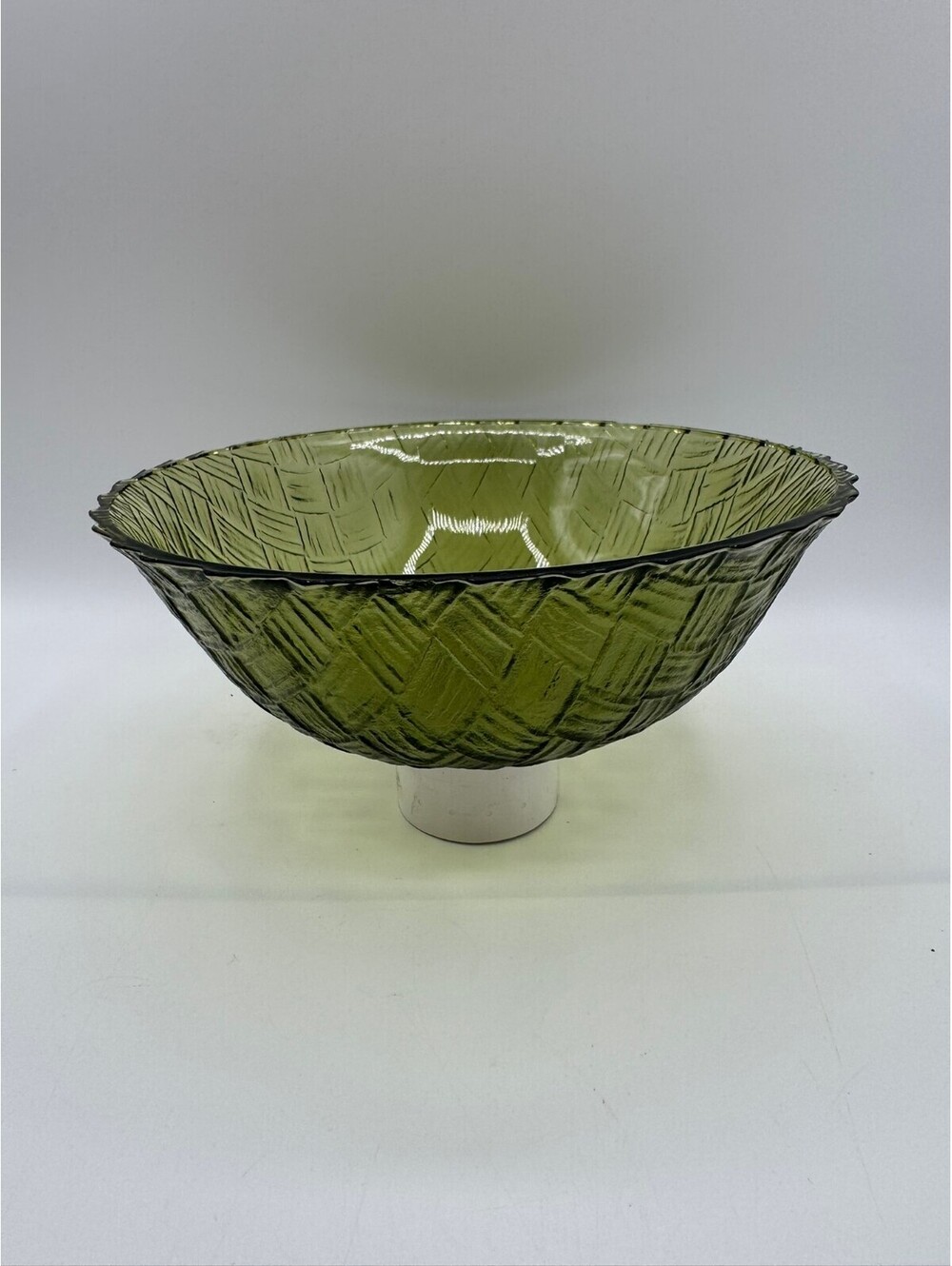 Vintage Avocado Green Pressed Glass Bowl Serving Dish Checkered Wavy Design 10"